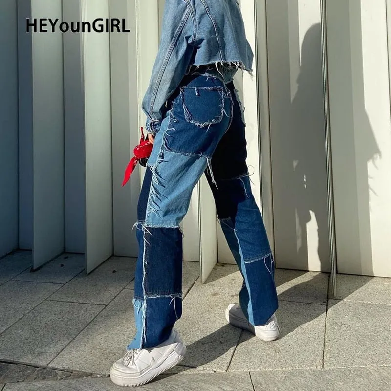 2021 HEYounGIRL Women Casual Long Jeans Denim Patchwork Denim Pants Sizes S - XL