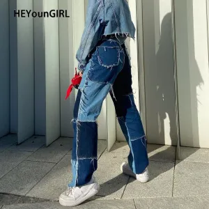 2021 HEYounGIRL Women Casual Long Jeans Denim Patchwork Denim Pants Sizes S - XL