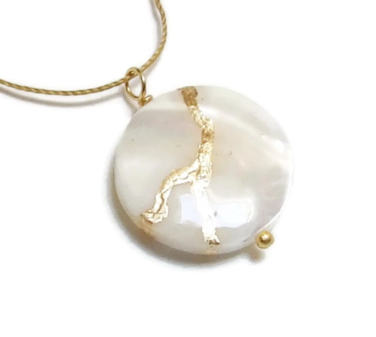 20mm Mother-of-Pearl Recovery Pendant Mended with 23k Gold, Kintsugi Cord Necklace