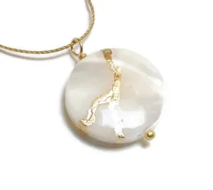 20mm Mother-of-Pearl Recovery Pendant Mended with 23k Gold, Kintsugi Cord Necklace