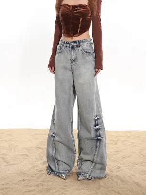 【24s January.】Washed Pleated Distressed Wide-leg Jeans