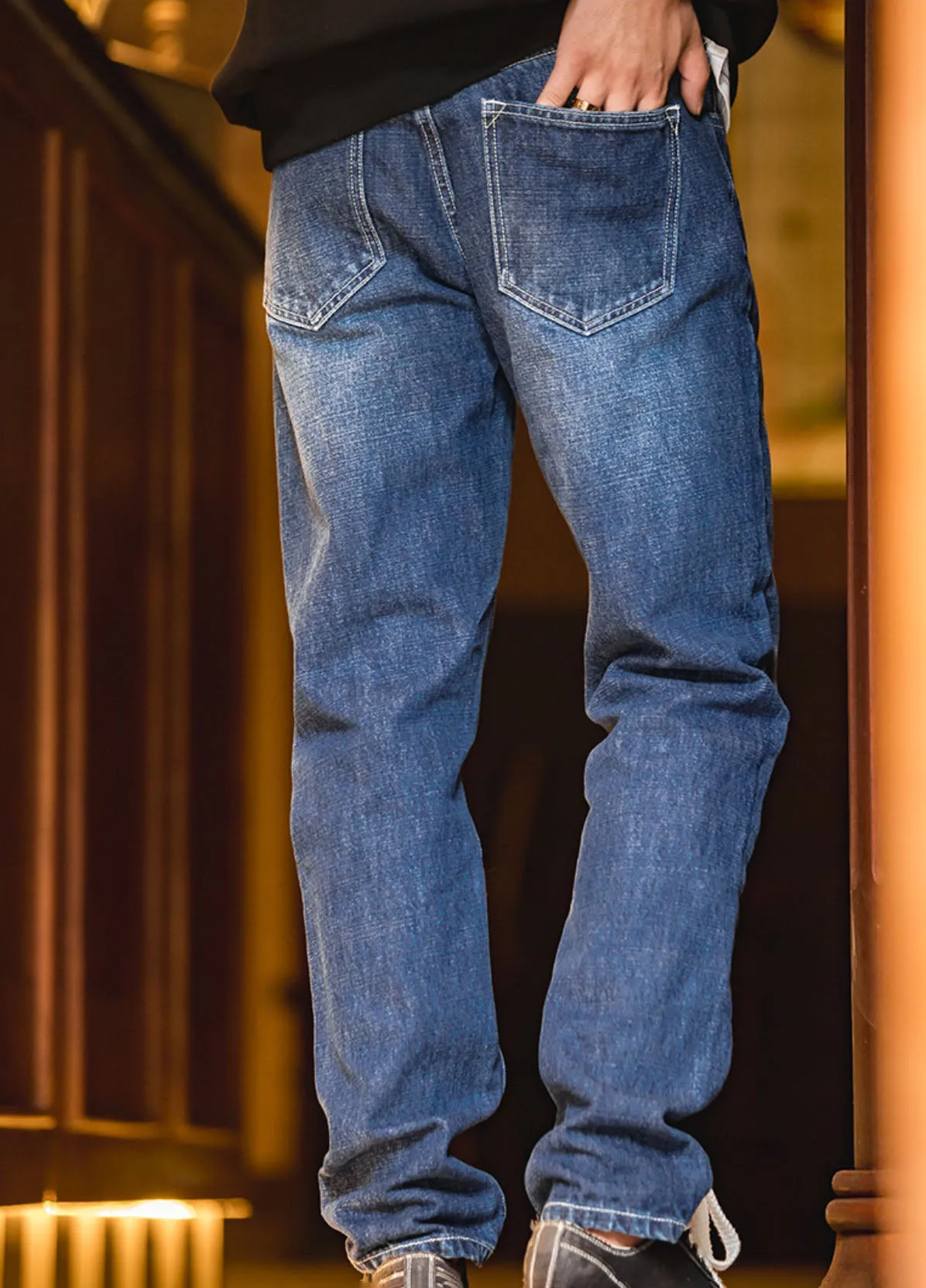 American Retro Heavy Button Denim Washed Straight Men's Jeans