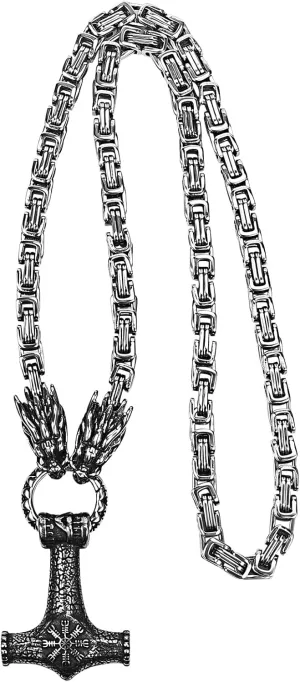 Aroncent Thor's Hammer Viking Necklace: Double Dragon Head Stainless Steel Byzantine Chain - Norse Gothic Pendant with Skull Rune Symbol for Men