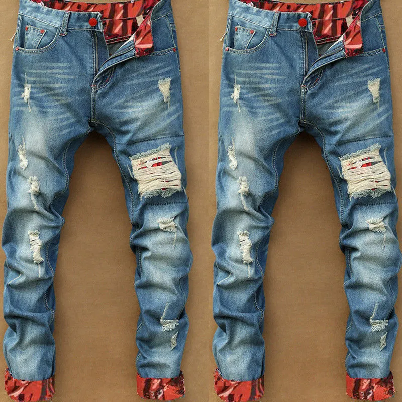 Autumn New Retro Hole Jeans Cotton Denim Trouseplus Size