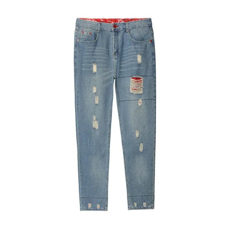 Autumn New Retro Hole Jeans Cotton Denim Trouseplus Size