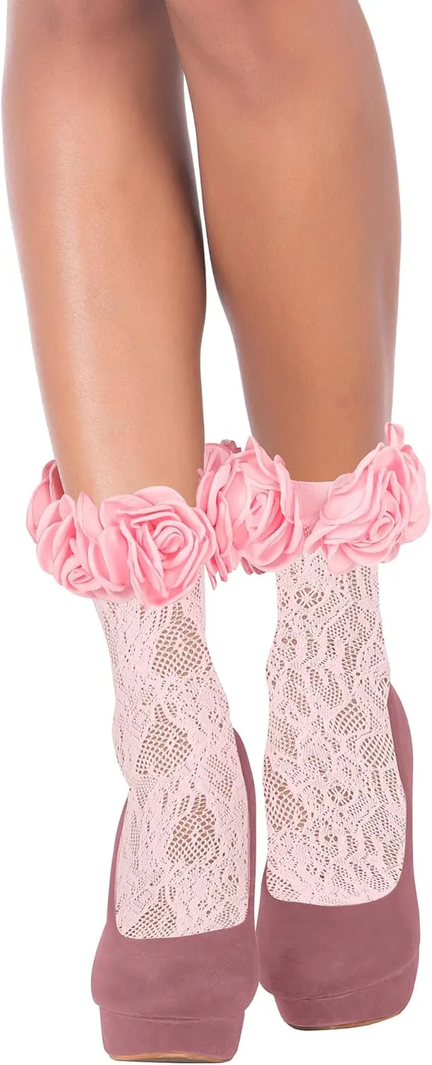 Benefeet Sox Women's Camellia Lace Ruffle Socks - Girls Cute Flower Top Mesh Fishnet Kawaii Fancy Decorated Anklet