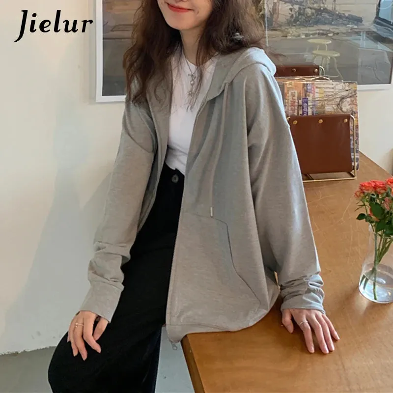 Black Hooded Zip Up Sweatshirts Women Fashion New Korean Style Long Sleeve Camel Hoodie Pocket Drawstring Sweatshirt M-XL