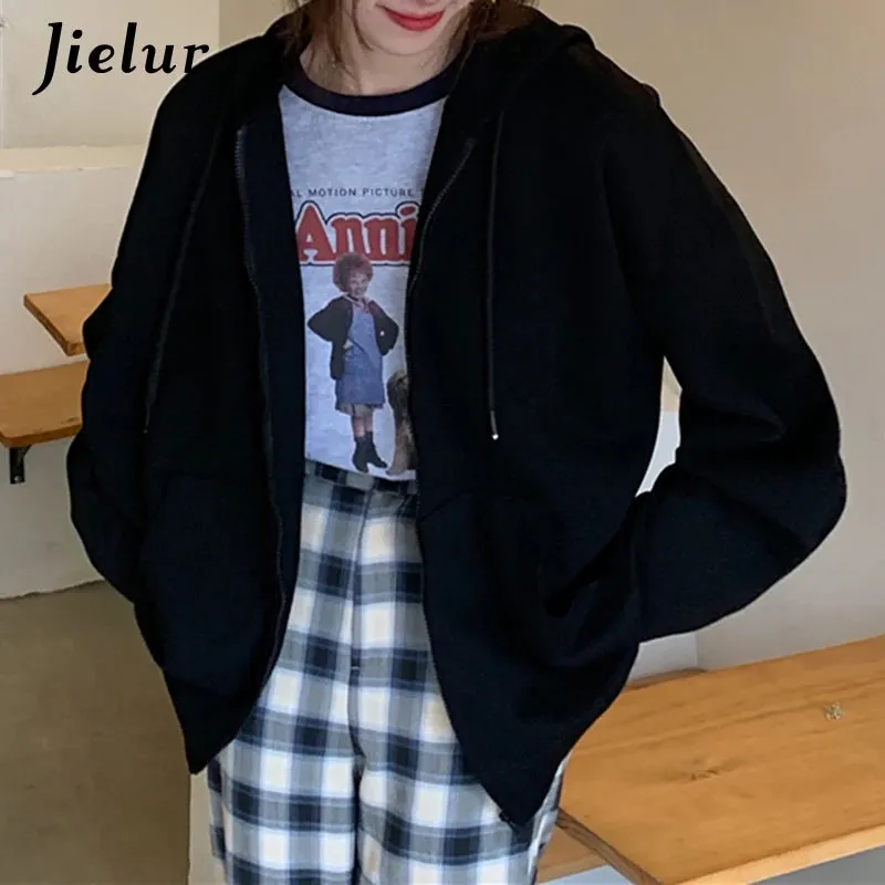 Black Hooded Zip Up Sweatshirts Women Fashion New Korean Style Long Sleeve Camel Hoodie Pocket Drawstring Sweatshirt M-XL