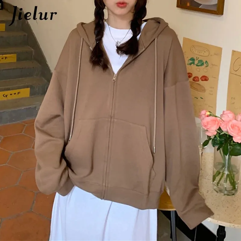 Black Hooded Zip Up Sweatshirts Women Fashion New Korean Style Long Sleeve Camel Hoodie Pocket Drawstring Sweatshirt M-XL