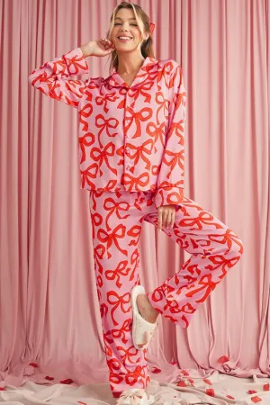 Bows Button Up and Pants Pajama Set