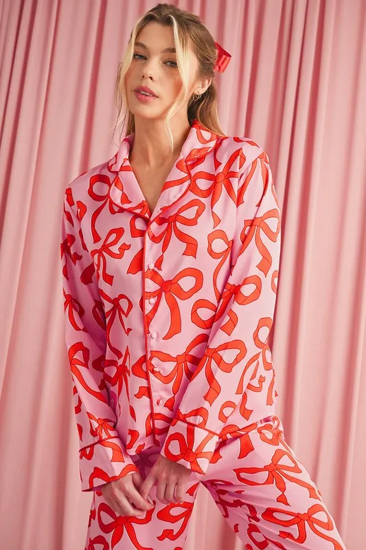 Bows Button Up and Pants Pajama Set