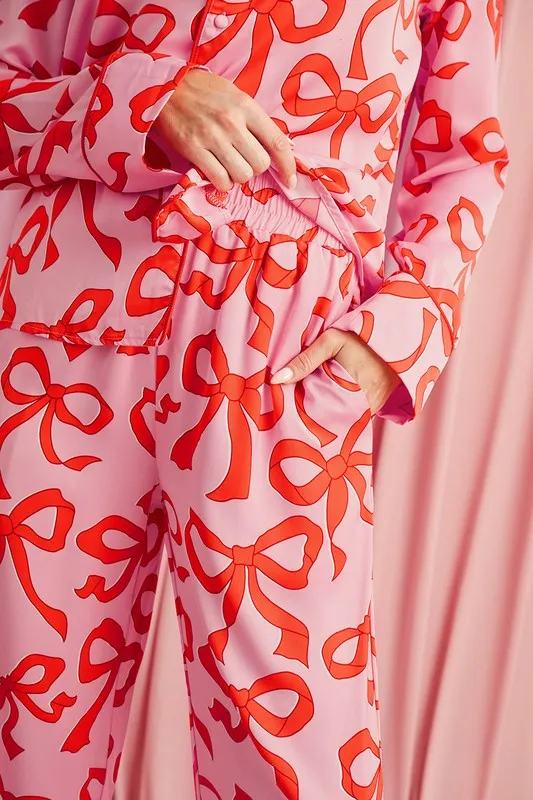 Bows Button Up and Pants Pajama Set