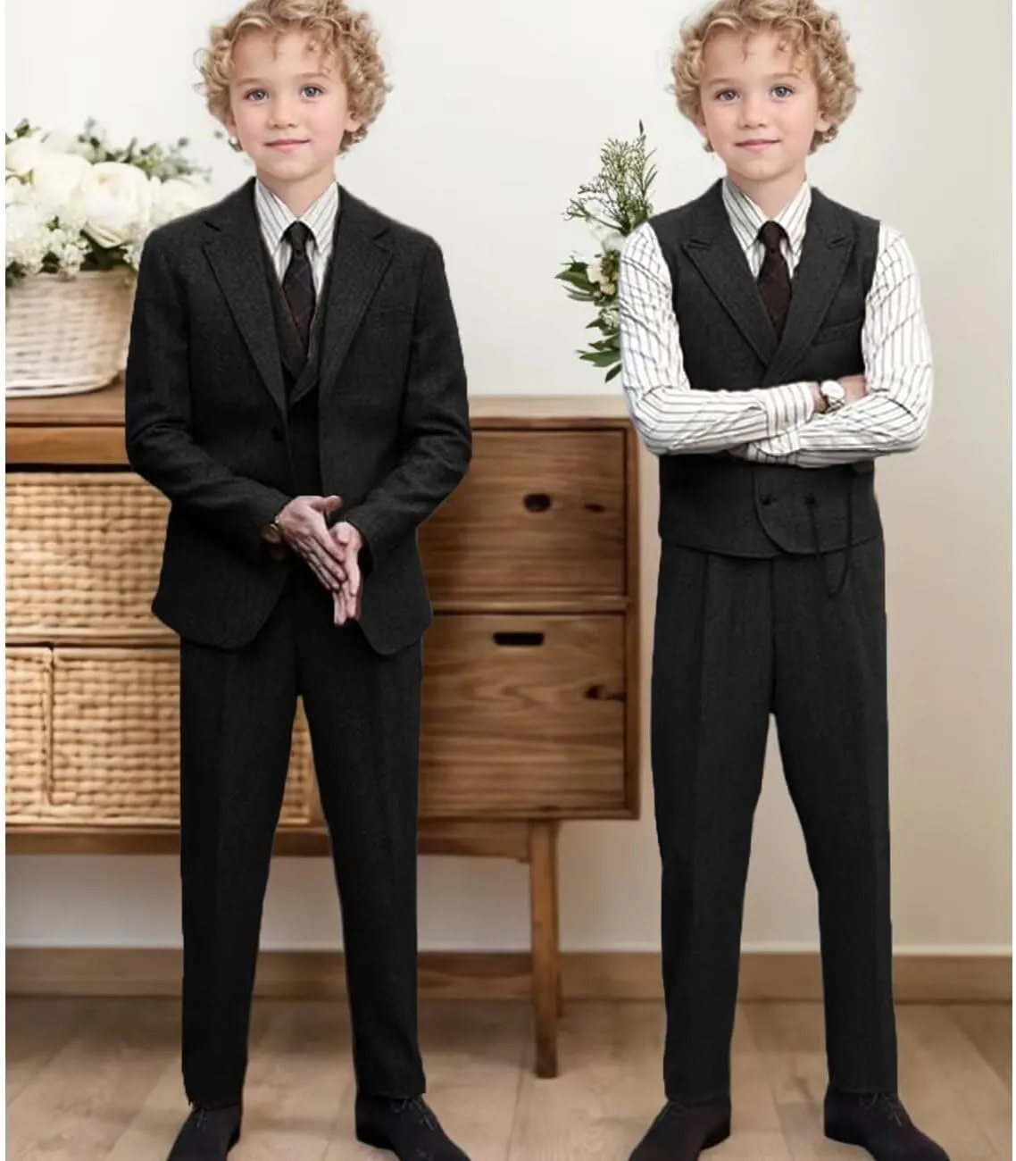 Boys Tweed Suit 3 Piece Tuxedo Suit for Boys Two Button Suits Jackets Vest Pants Set for Kid