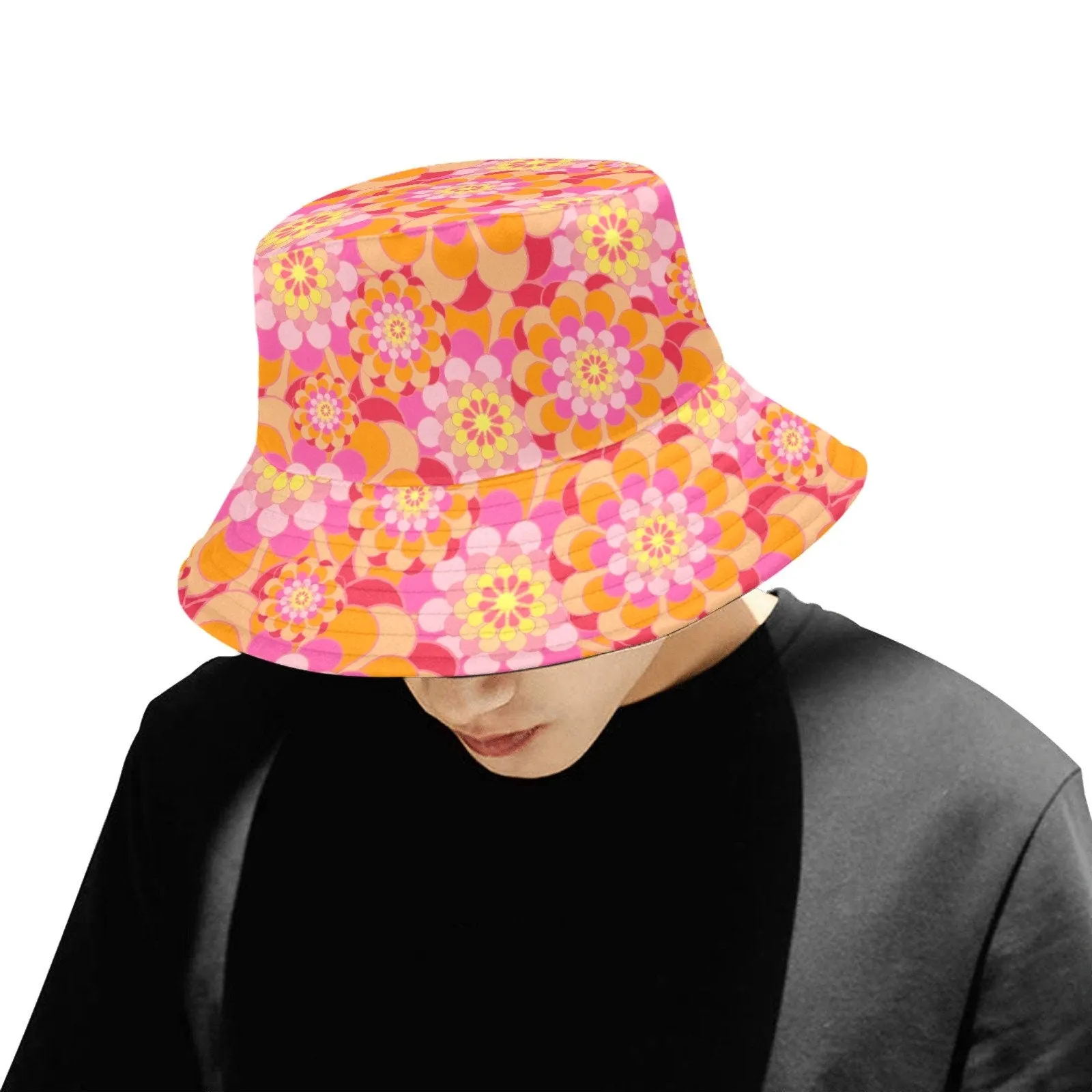 Bucket Hat, Unisex hat, Retro Hat, Retro Pink Hat, Pink Bucket Hat, Mod Hat, Mod 60s style Hat, Retro Style Hat, Pink Floral Hat