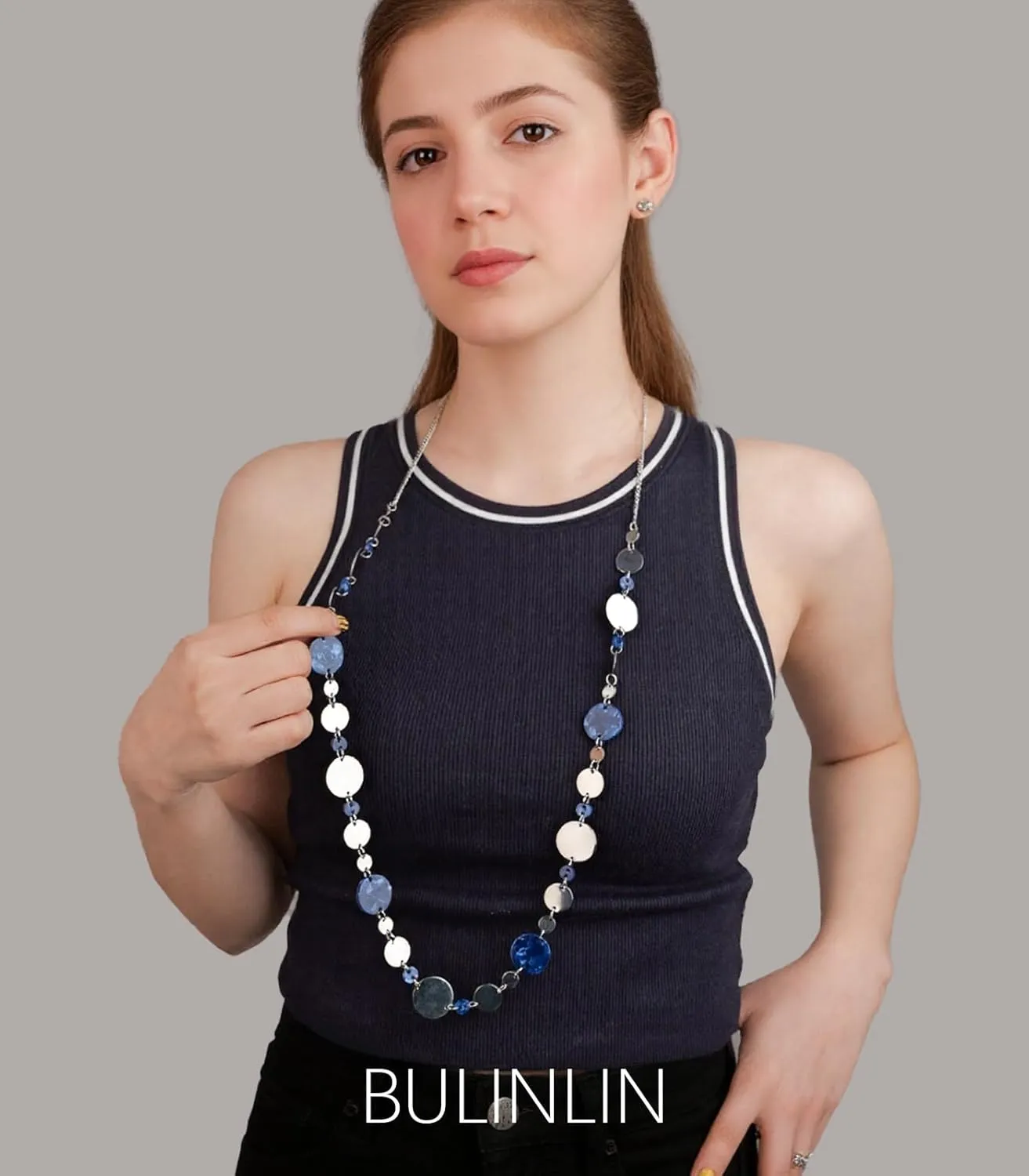BULINLIN Long Silver Necklace for Women Boho Statement Long Necklace Mother's Day Chunky Costume Jewelry for Women