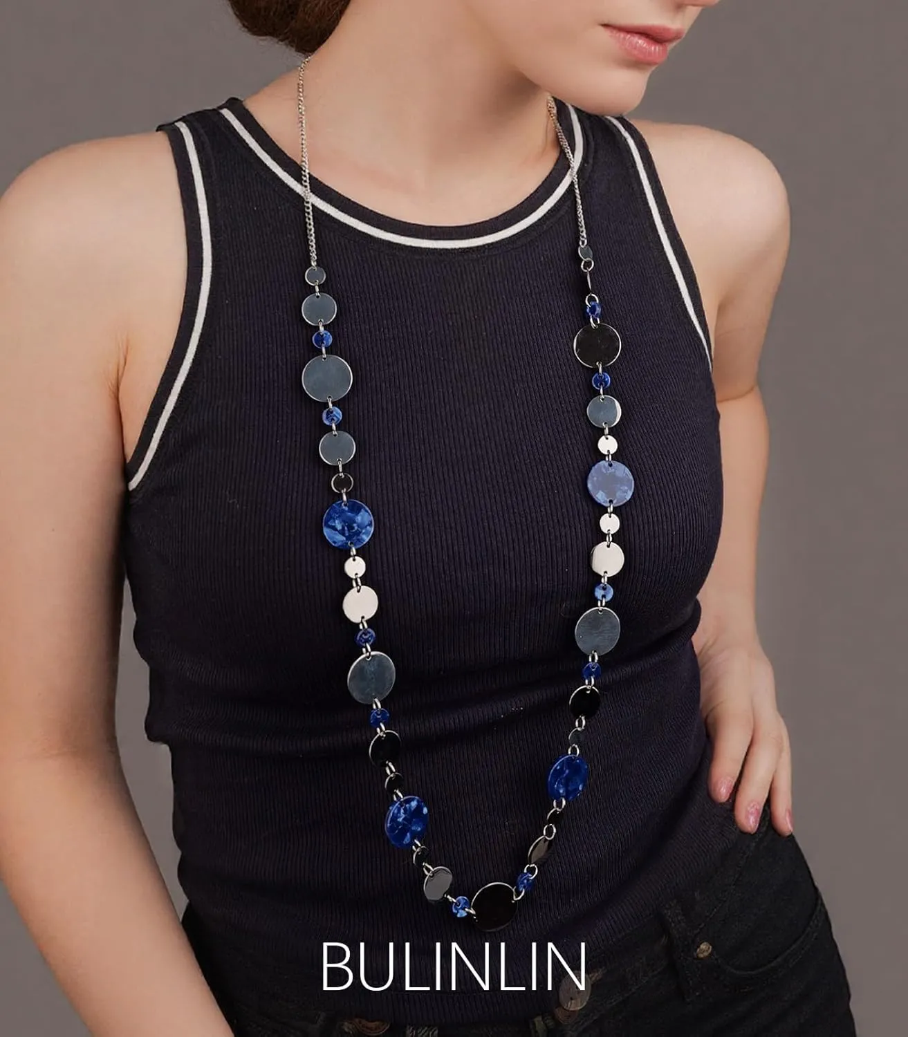 BULINLIN Long Silver Necklace for Women Boho Statement Long Necklace Mother's Day Chunky Costume Jewelry for Women