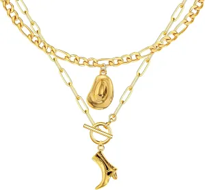 Cowgirl Hat Boots Pendant Gold Necklace for Women, Chunky Chain Western Jewelry