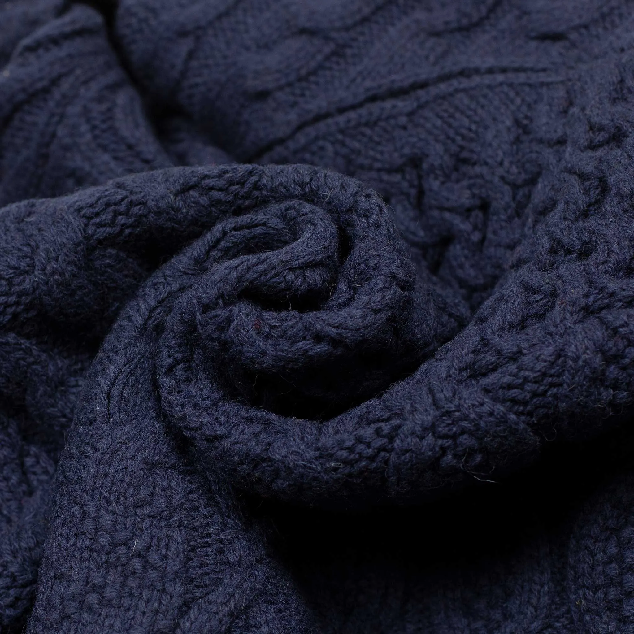 Crazy cable knit Aran cardigan in navy wool
