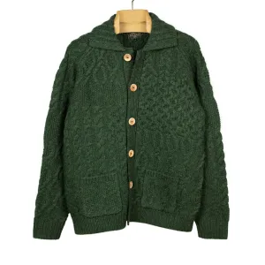 Crazy cable knit Aran cardigan in racing green wool