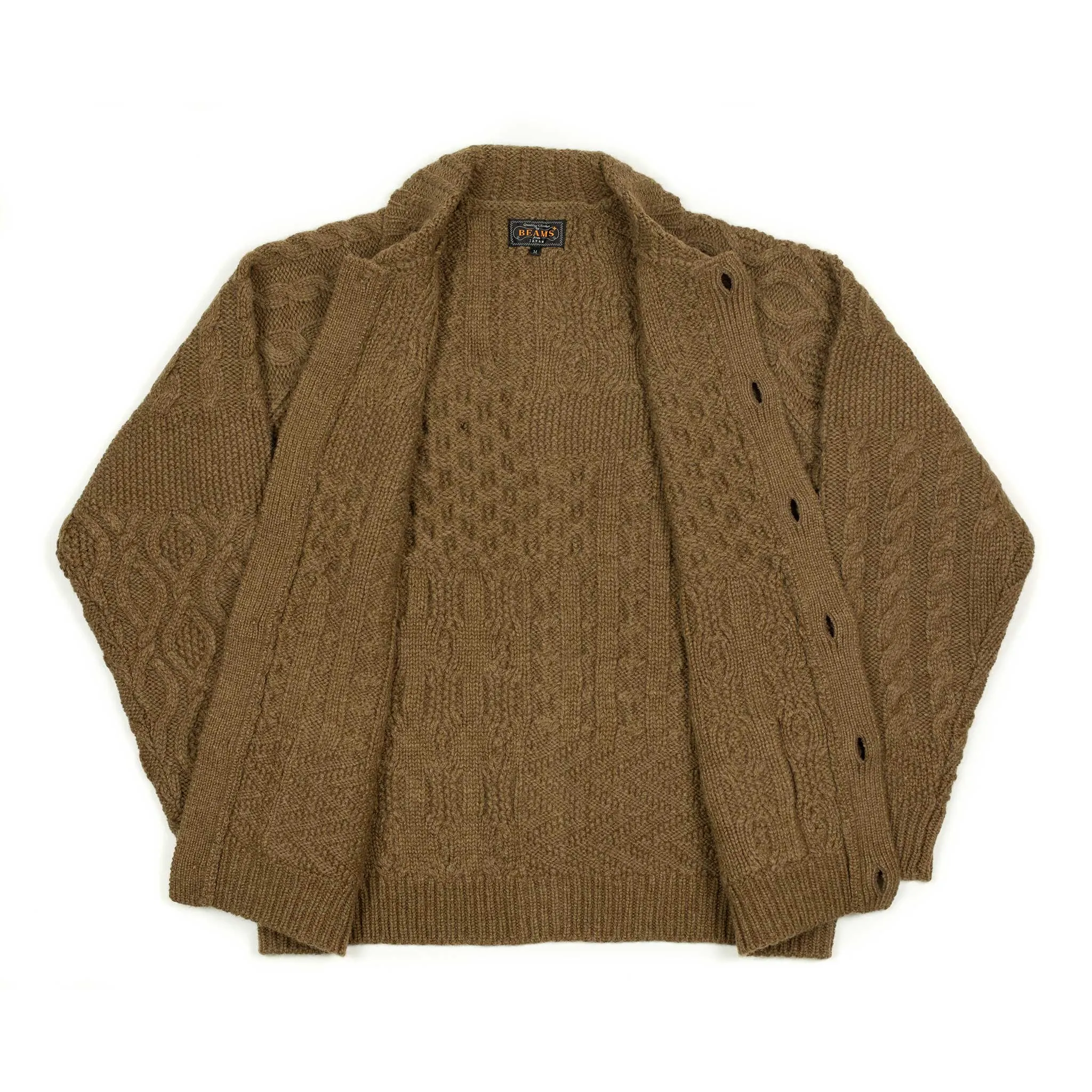 Crazy cable knit Aran cardigan in tobacco brown wool