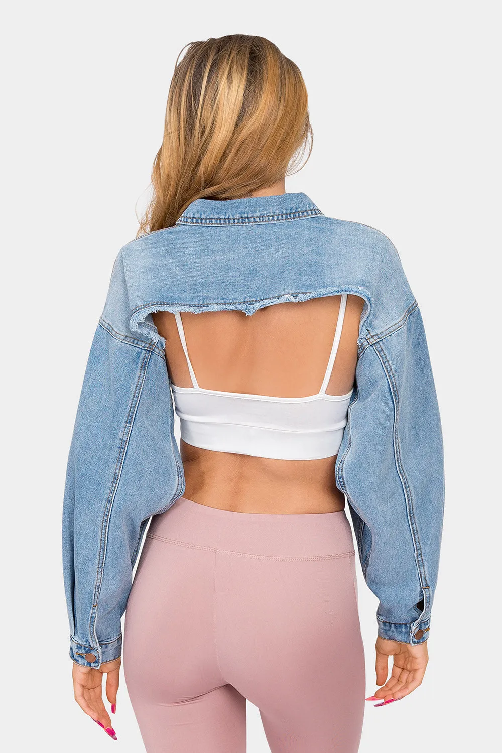 Cropped Backless Raw Hem Denim Jacket