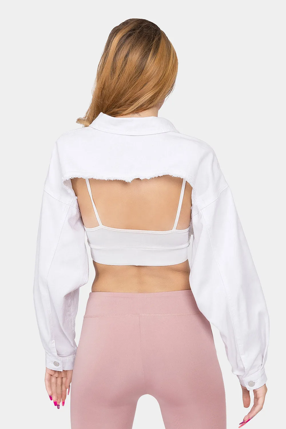 Cropped Backless Raw Hem Denim Jacket