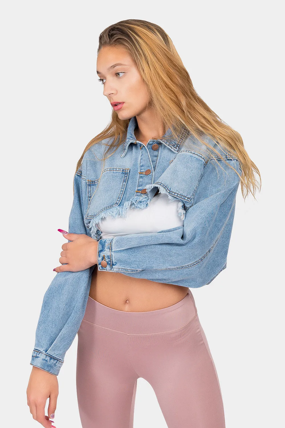 Cropped Backless Raw Hem Denim Jacket