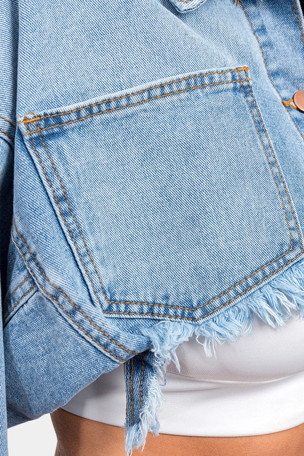 Cropped Backless Raw Hem Denim Jacket