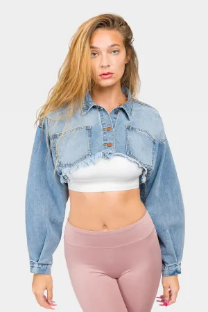 Cropped Backless Raw Hem Denim Jacket