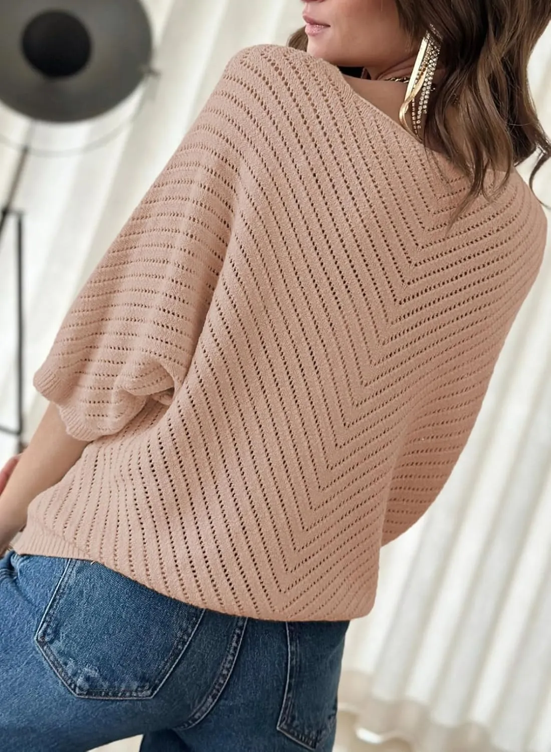 Dokotoo Women's 2025 Summer Spring Casual 3/4 Sleeve Solid Color V Neck Loose Pullover Knit Fall Sweaters Tops
