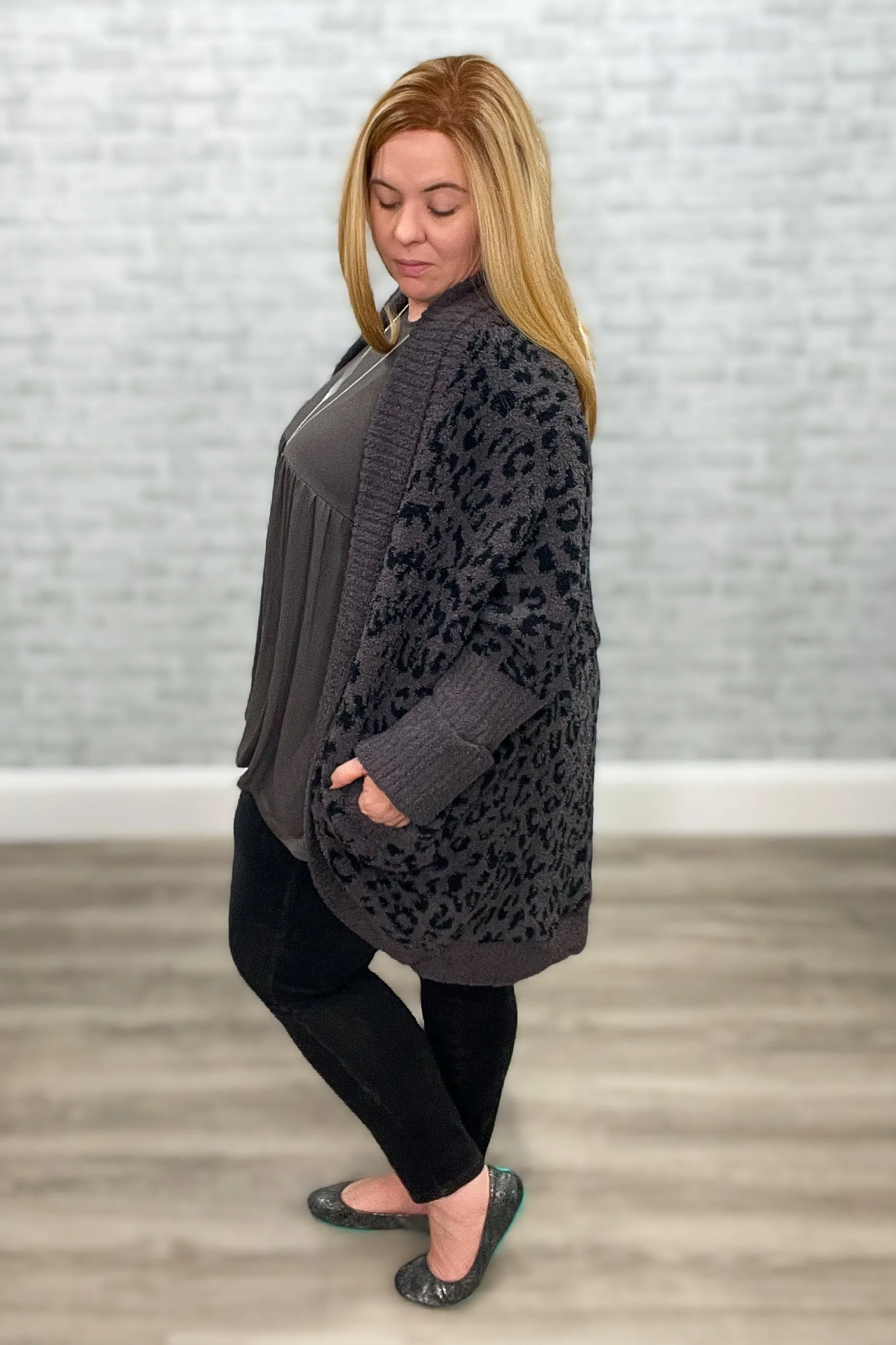 Dreamy Charcoal & Black Chenille Animal Print Cardigan