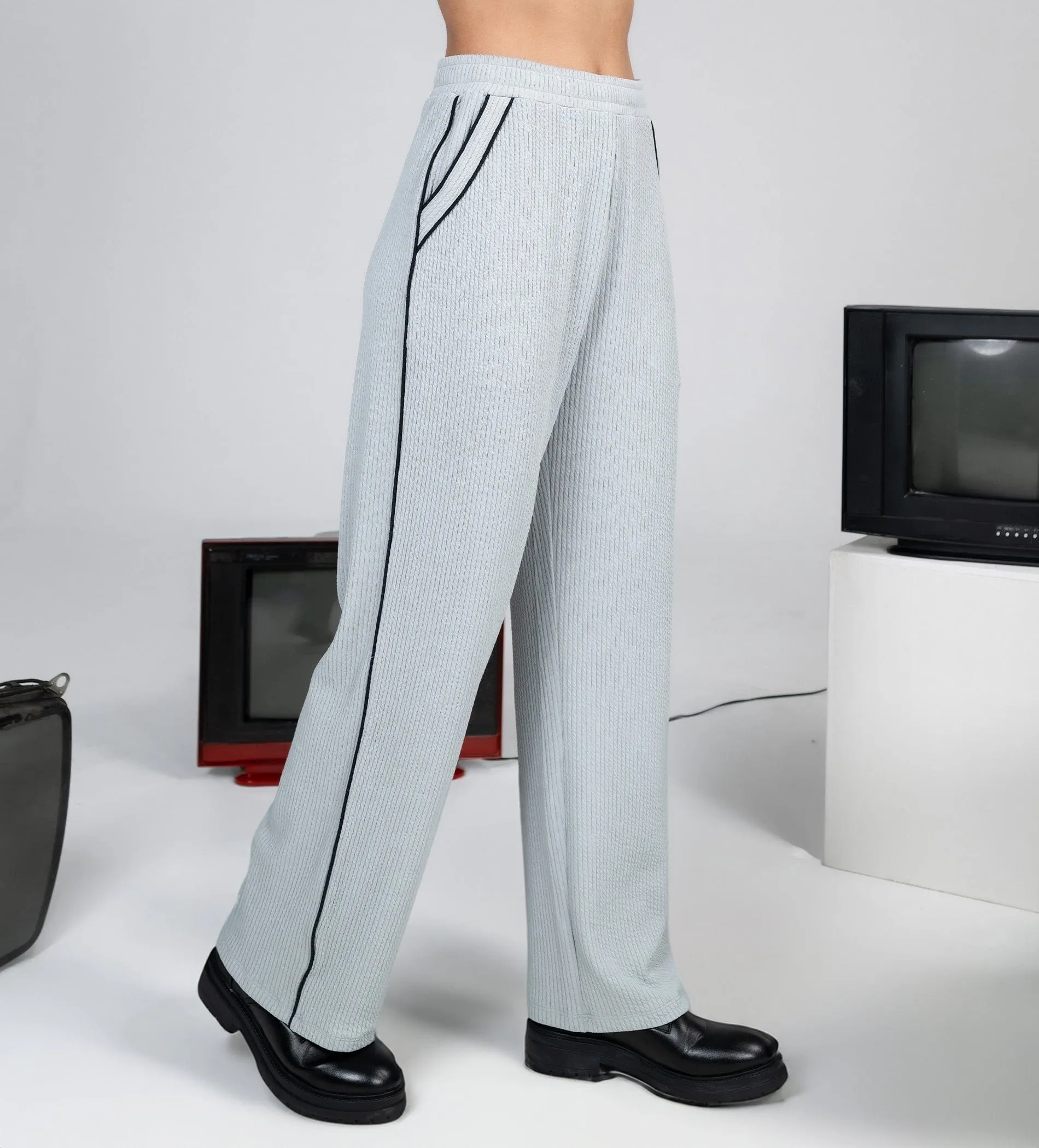 Grey Grid waffle wide leg trackpant