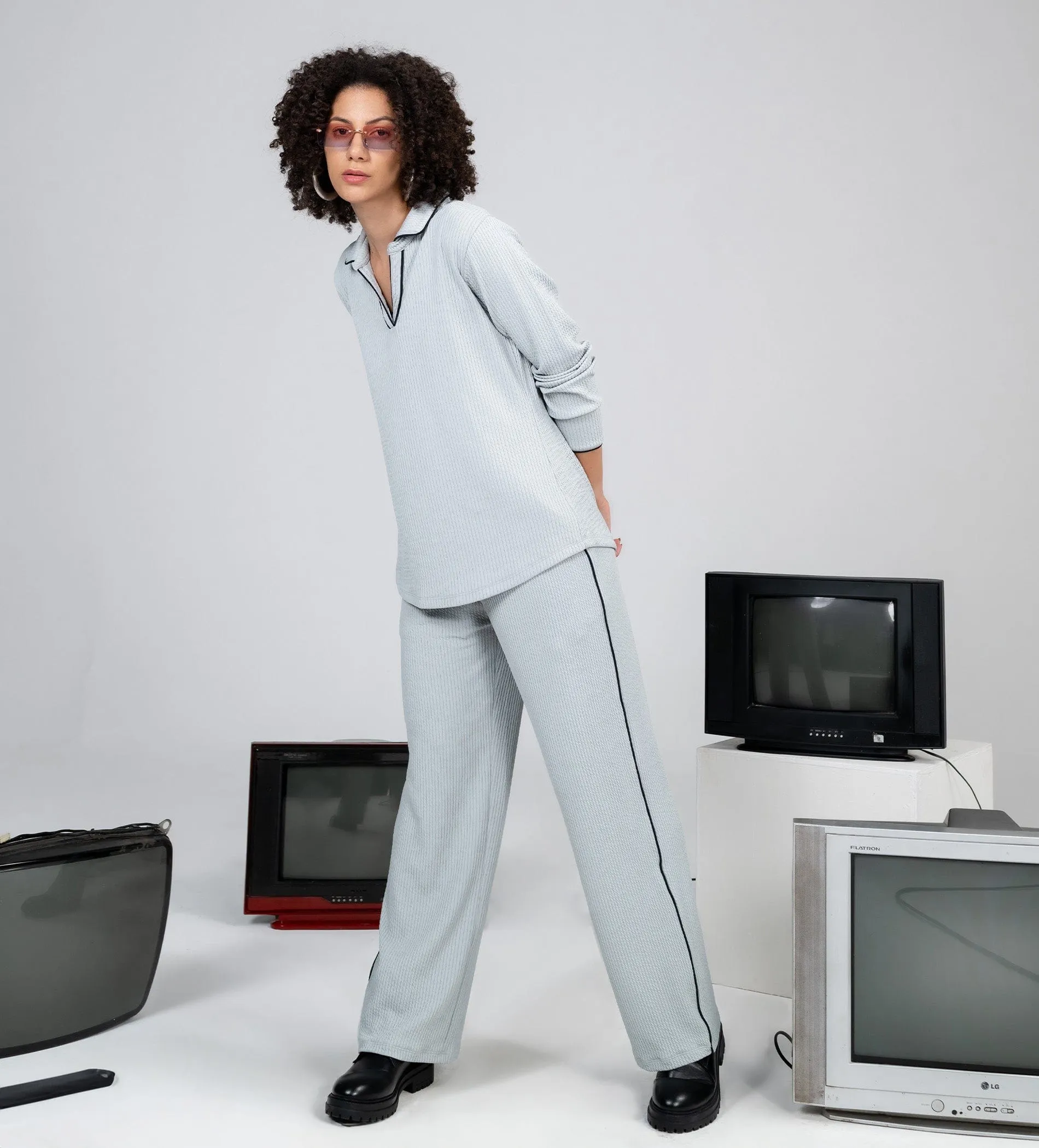 Grey Grid waffle wide leg trackpant