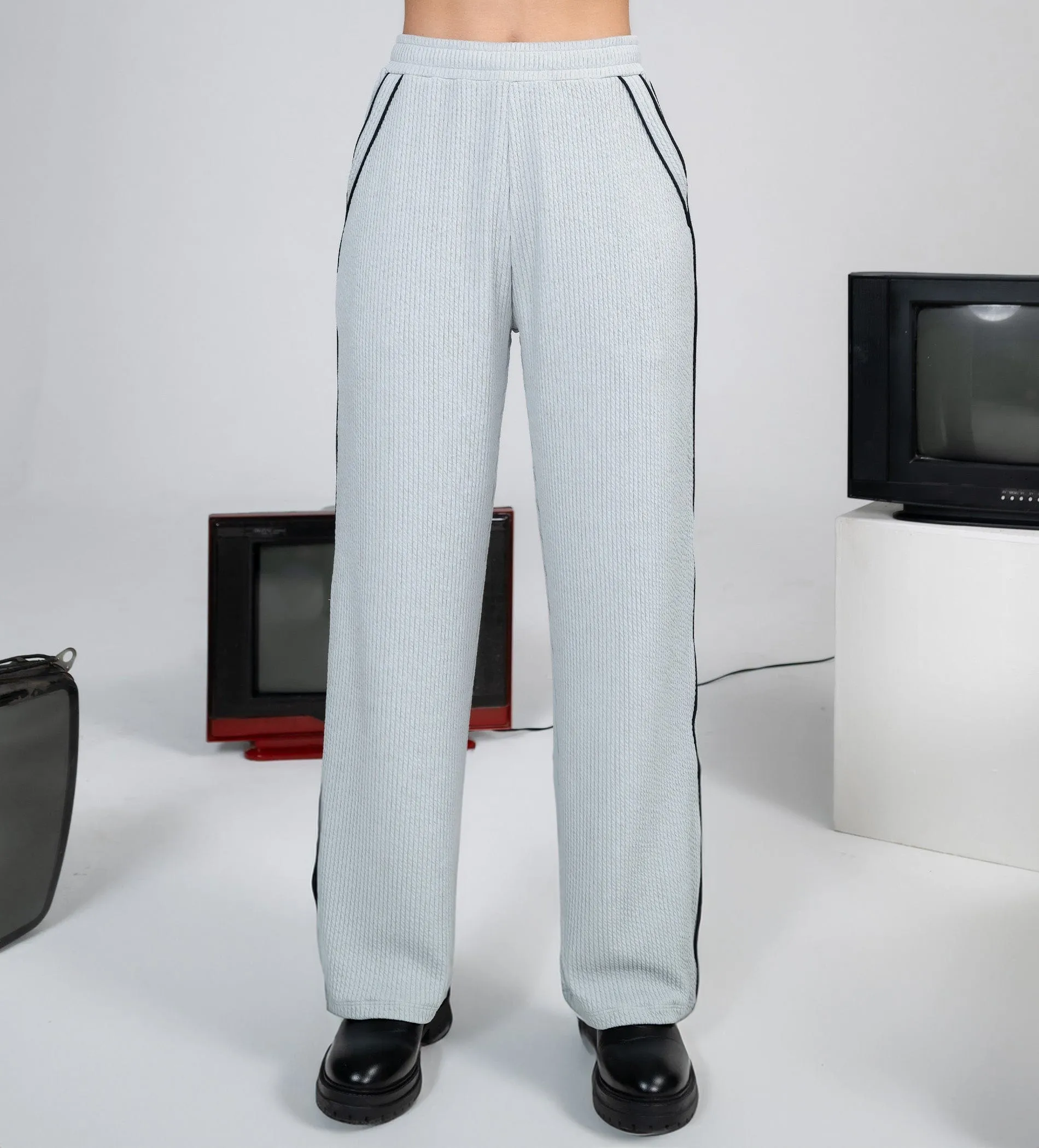 Grey Grid waffle wide leg trackpant