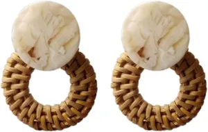 Handmade Rattan Vine Knit Hoop Dangle Earrings Bohemia Straw Braided Wicker Tortoise Shell Mottled Drop Earrings for Women