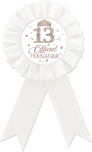 Happy 13th Birthday Tinplate Badge Pin, Official Teenager Birthday Button Pin, Rose Gold Crown Happy Birthday White Rosette Badge Pin for Girl, Brooch Buttons for Thirteen Birthday Party