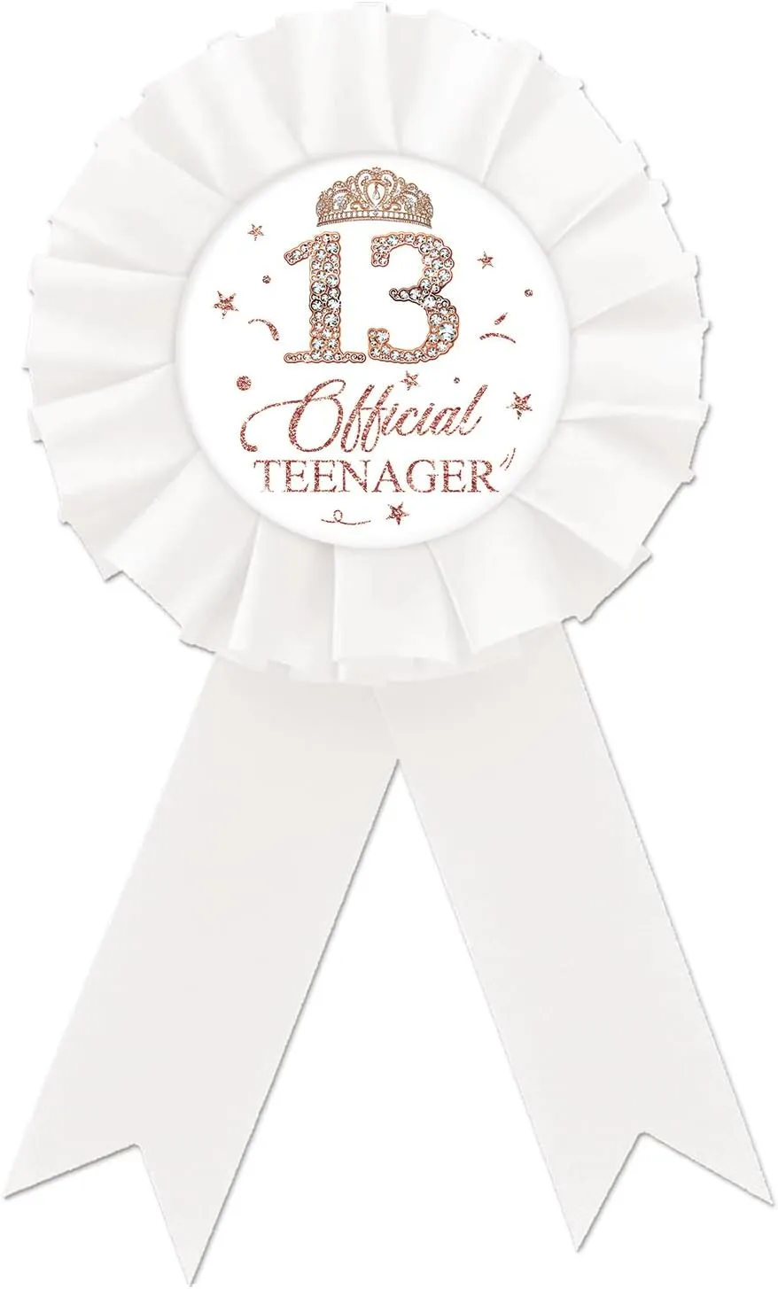 Happy 13th Birthday Tinplate Badge Pin, Official Teenager Birthday Button Pin, Rose Gold Crown Happy Birthday White Rosette Badge Pin for Girl, Brooch Buttons for Thirteen Birthday Party