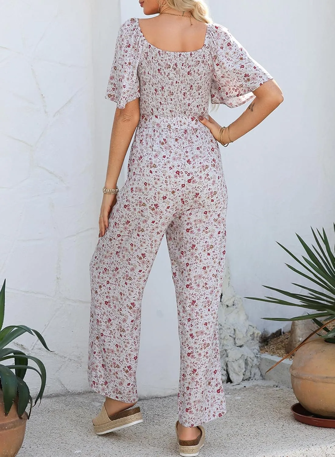 Happy Sailed Womens Summer Jumpsuits Floral Printed Short Sleeve High Waisted Pockets Wide Leg Rompers Beach Vacation Outfits