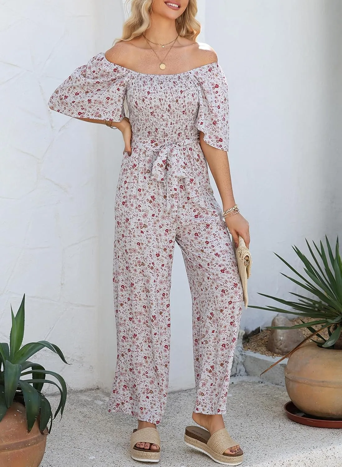 Happy Sailed Womens Summer Jumpsuits Floral Printed Short Sleeve High Waisted Pockets Wide Leg Rompers Beach Vacation Outfits