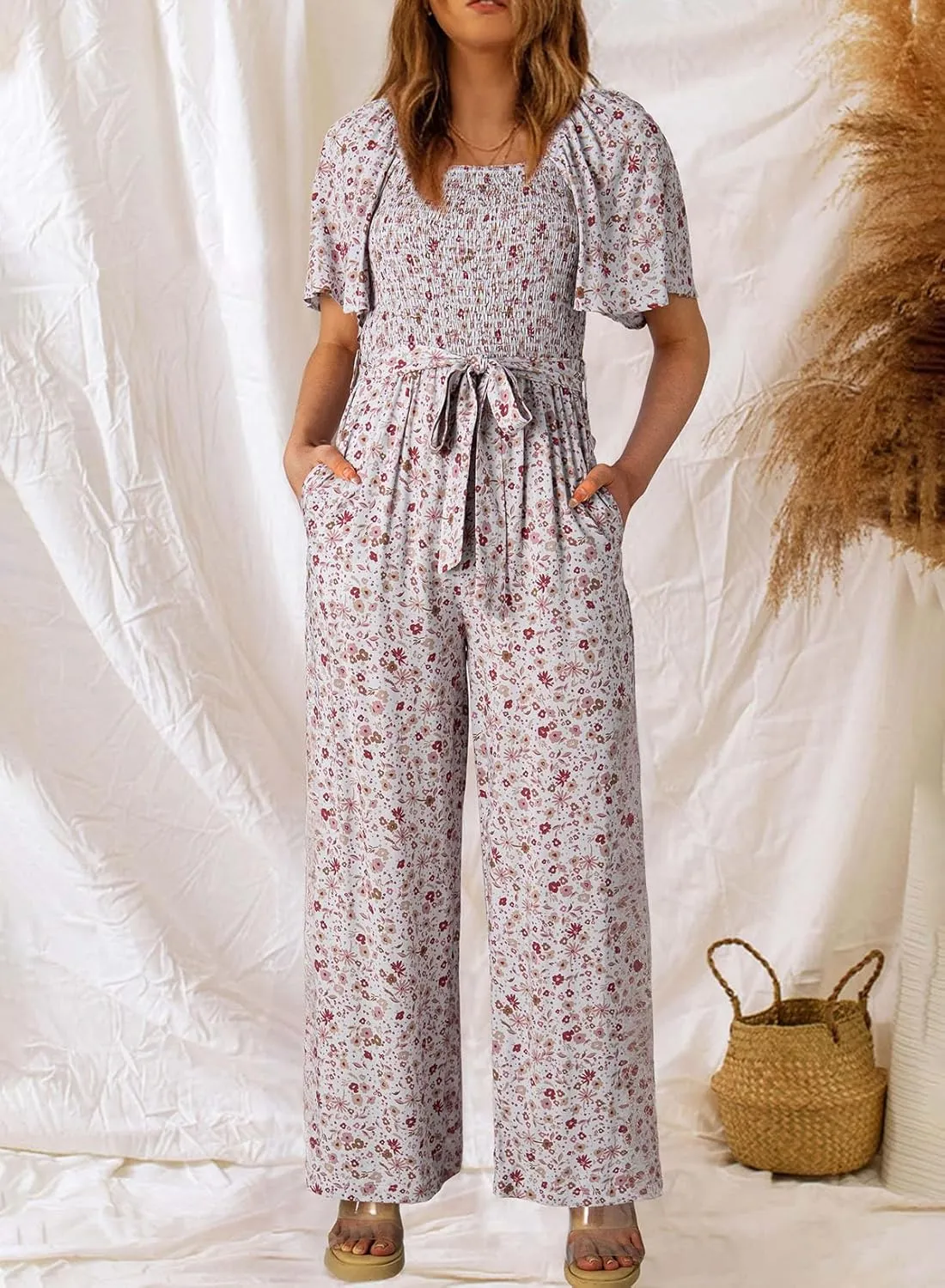 Happy Sailed Womens Summer Jumpsuits Floral Printed Short Sleeve High Waisted Pockets Wide Leg Rompers Beach Vacation Outfits