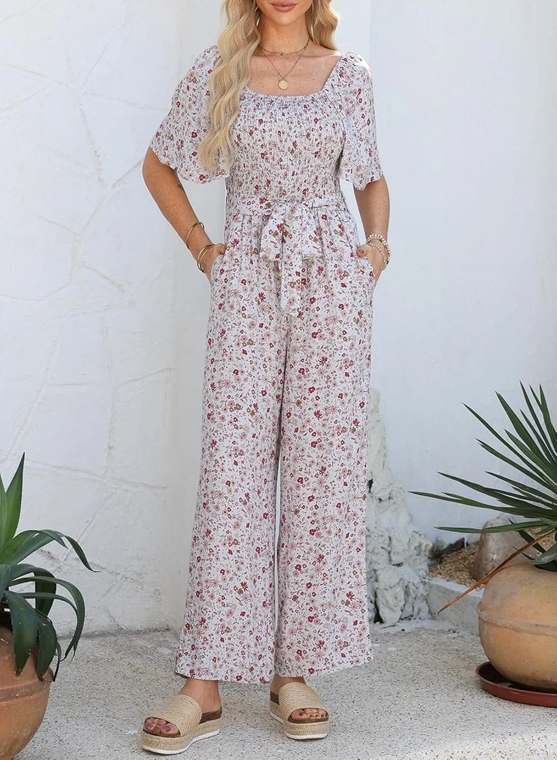 Happy Sailed Womens Summer Jumpsuits Floral Printed Short Sleeve High Waisted Pockets Wide Leg Rompers Beach Vacation Outfits