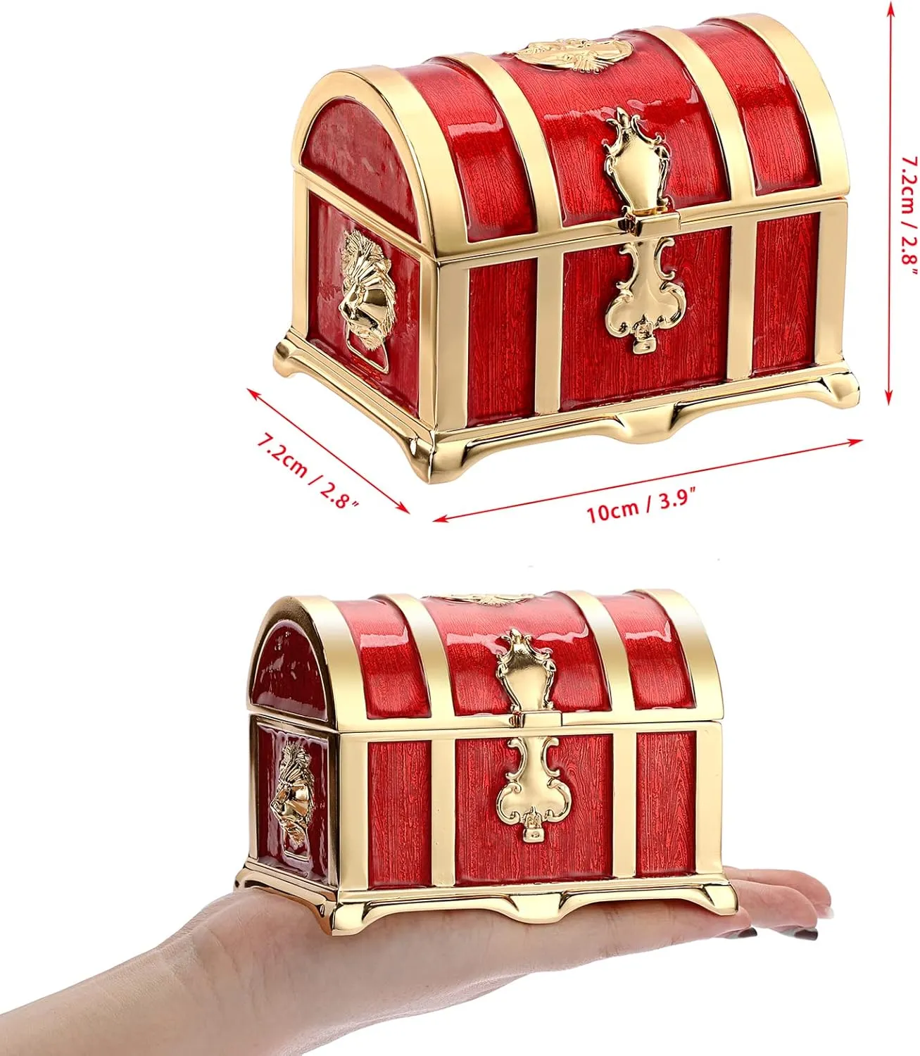 Hipiwe Vintage Metal Jewelry Box Treasure Trinket Chest Ring Earrings Necklace Keepsake Holder Case Gift for Girls Ladies, Red, Medium
