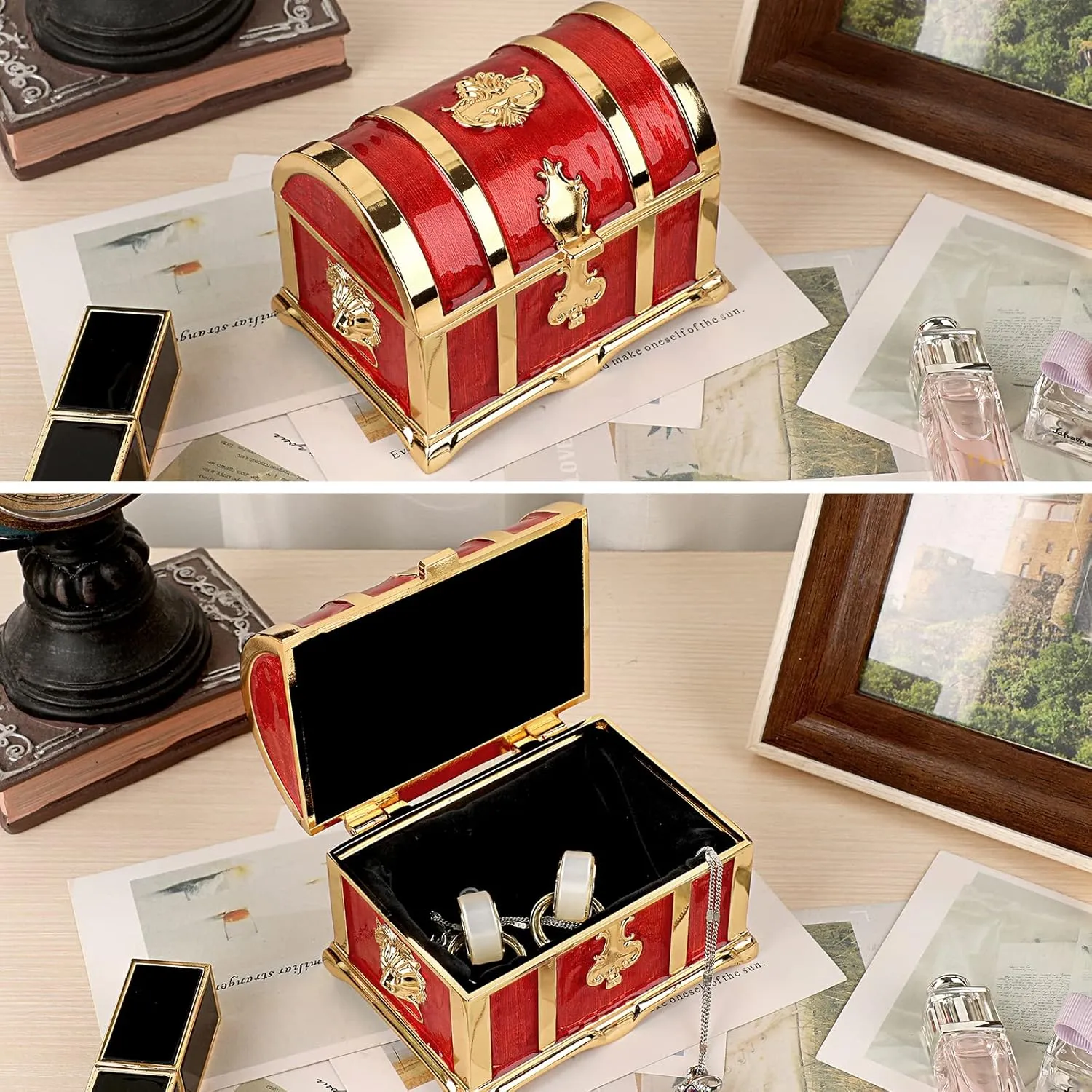 Hipiwe Vintage Metal Jewelry Box Treasure Trinket Chest Ring Earrings Necklace Keepsake Holder Case Gift for Girls Ladies, Red, Medium