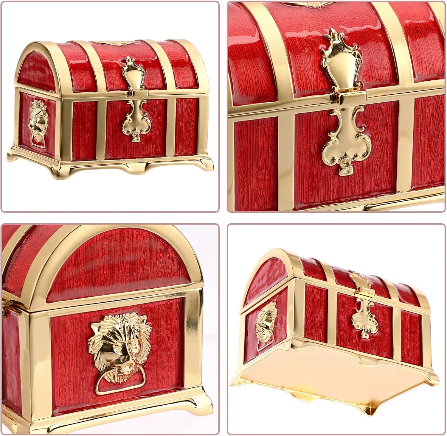 Hipiwe Vintage Metal Jewelry Box Treasure Trinket Chest Ring Earrings Necklace Keepsake Holder Case Gift for Girls Ladies, Red, Medium