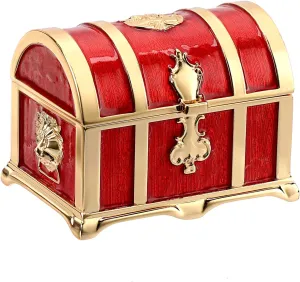 Hipiwe Vintage Metal Jewelry Box Treasure Trinket Chest Ring Earrings Necklace Keepsake Holder Case Gift for Girls Ladies, Red, Medium