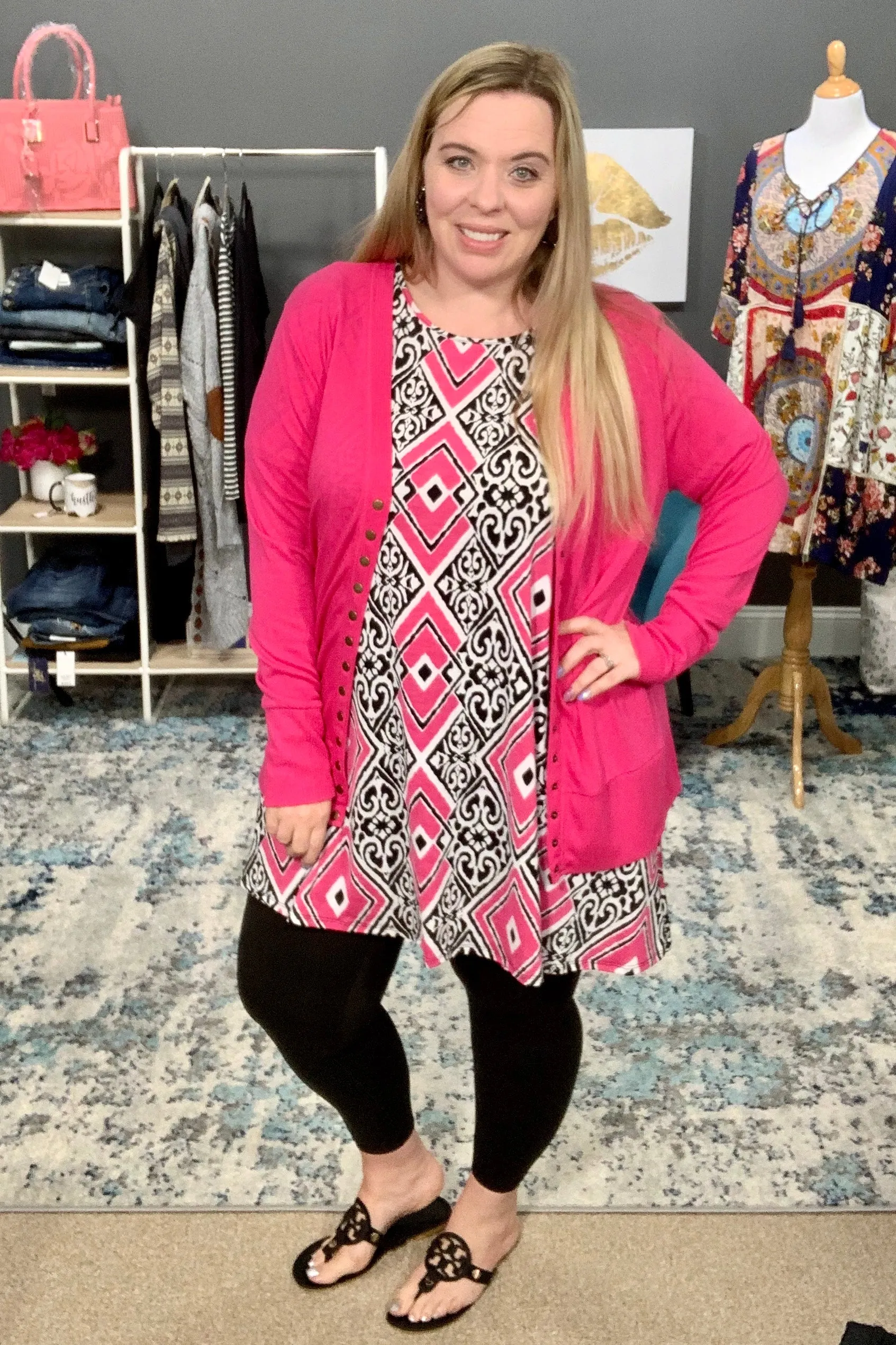 Hot Pink Long Sleeve Snap Cardigan