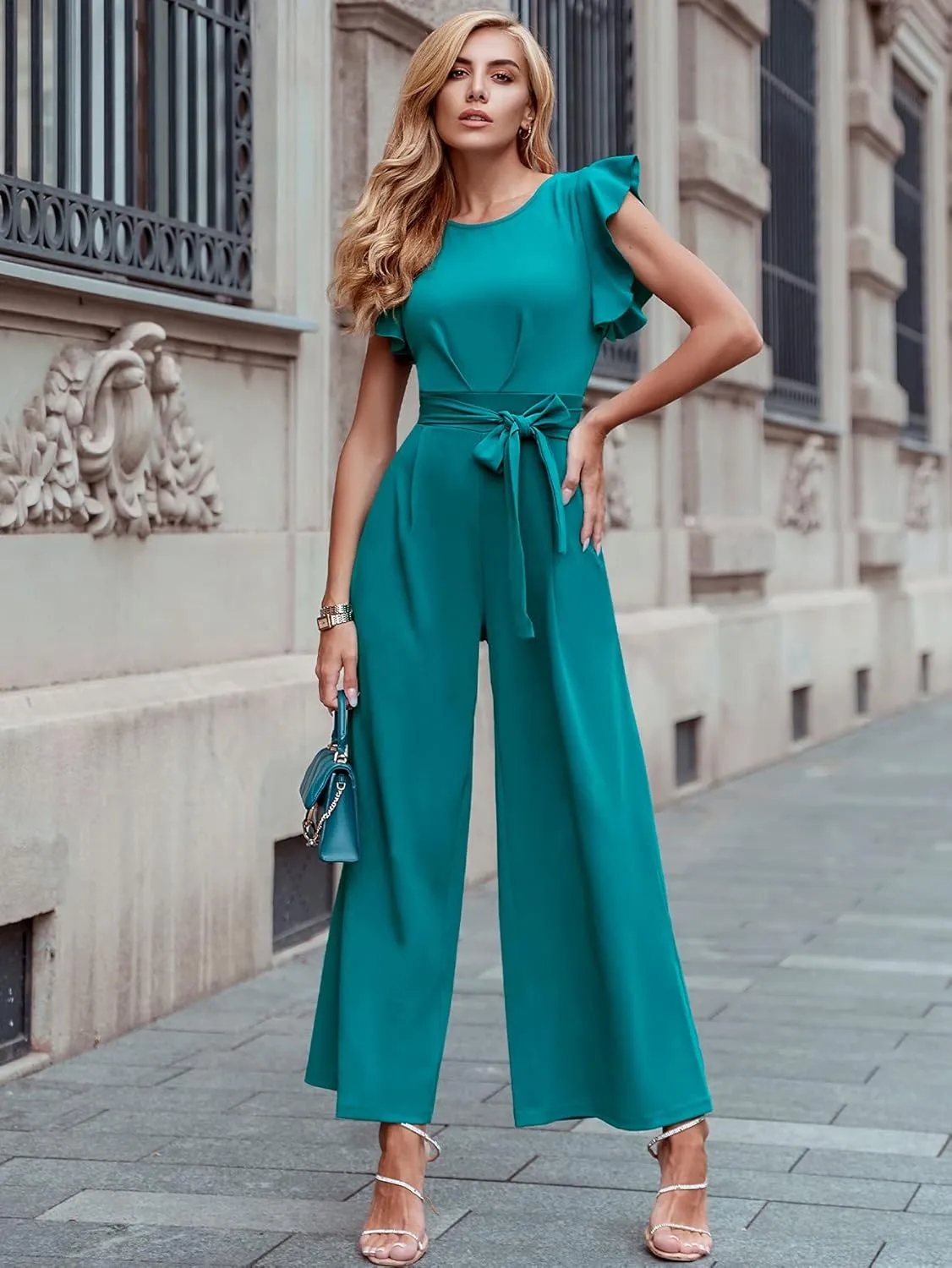 Knitee Women's Vintage Sleeveless Ruffle High Waist Wide Leg Romper Formal Long Jumpsuit with Belt