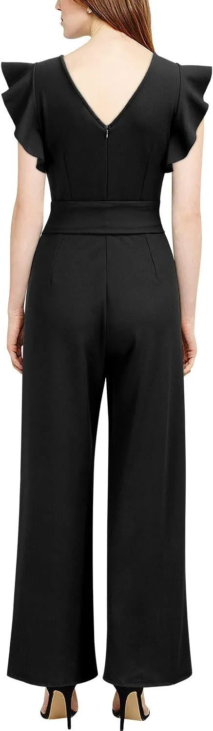 Knitee Women's Vintage Sleeveless Ruffle High Waist Wide Leg Romper Formal Long Jumpsuit with Belt
