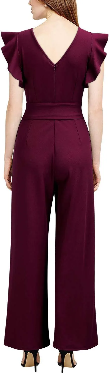 Knitee Women's Vintage Sleeveless Ruffle High Waist Wide Leg Romper Formal Long Jumpsuit with Belt