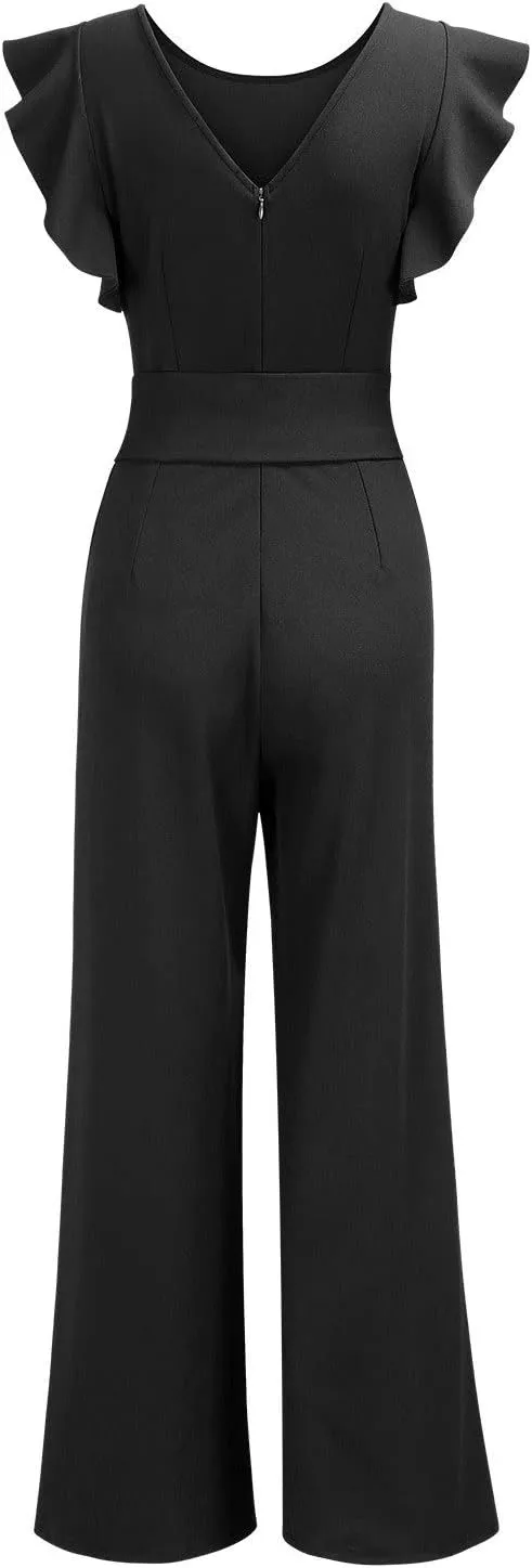 Knitee Women's Vintage Sleeveless Ruffle High Waist Wide Leg Romper Formal Long Jumpsuit with Belt